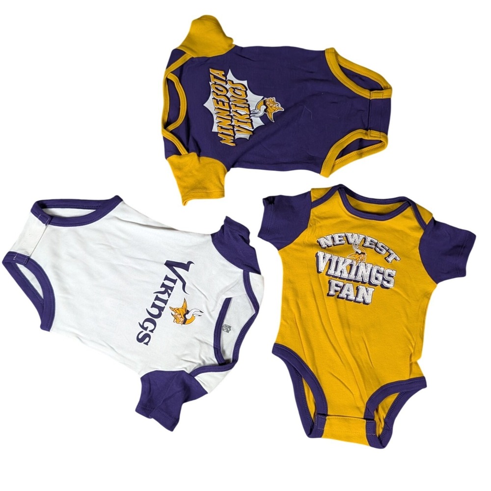 NFL Team Apparel Minnesota Vikings Baby Bodysuit 3 Piece Set Purple Gold White
